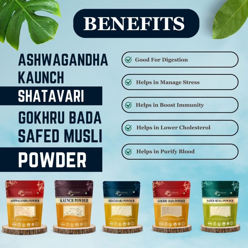 ASHWAGANDHA KAUNCH SHATAVARI SAFED MUSLI GOKHRU BADA POWDER BENEFITS